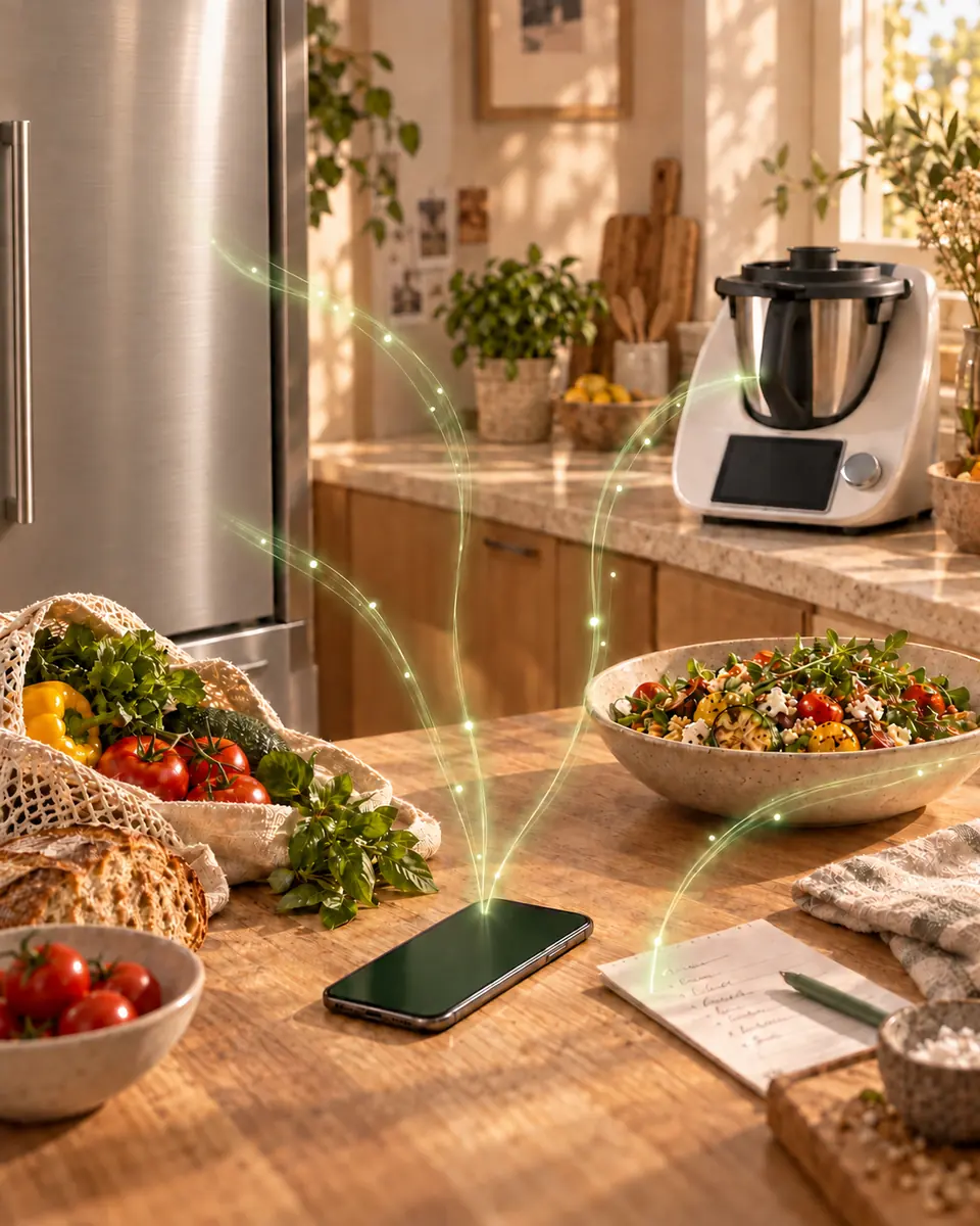 Feine grüne Datenspuren verbinden einen geschlossenen Edelstahl-Kühlschrank, eine Küchenmaschine und eine Einkaufsliste mit einem Smartphone.