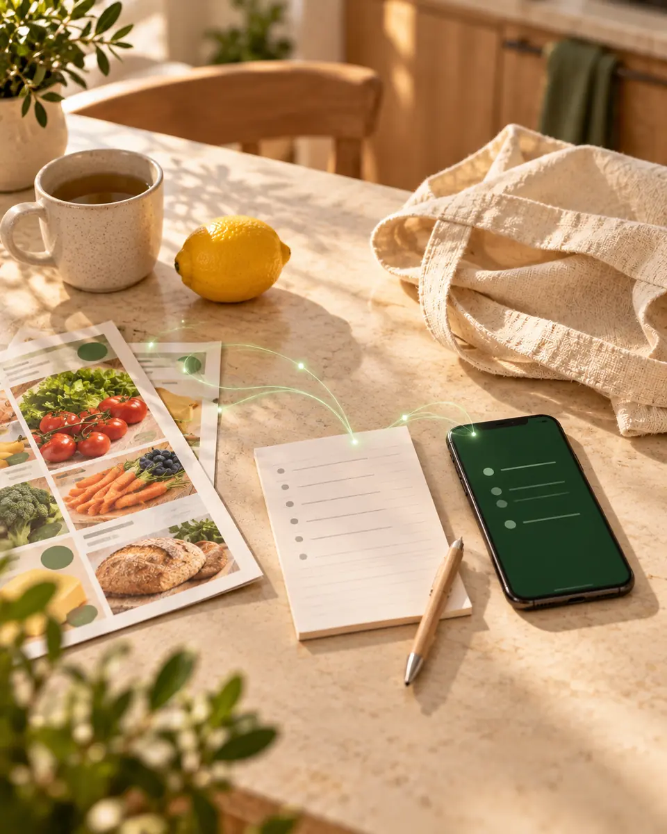 Angebotsblätter, Einkaufsliste und Smartphone auf einem hellen Tisch, verbunden durch feine grüne Lichtspuren. Daneben liegt eine leere Stofftasche.